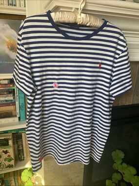 Ralph Lauren Cotton Navy & White Striped Crewneck Tee with Pink Floral Detail